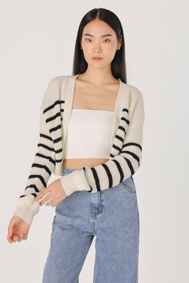 TABITHA BUTTON STRIPED KNIT CARDIGAN (OFF-WHITE WITH BLACK STRIPES) 