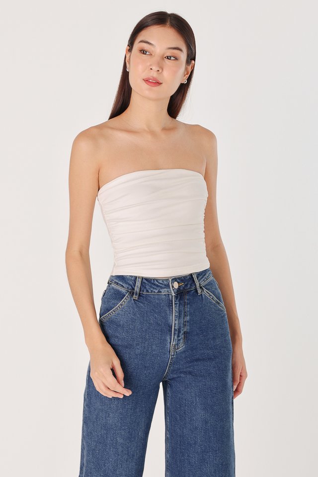 IVY PADDED SIDE RUCHED RIBBED TUBE TOP (WHITE) 