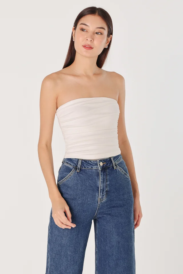 IVY PADDED SIDE RUCHED RIBBED TUBE TOP (WHITE) 