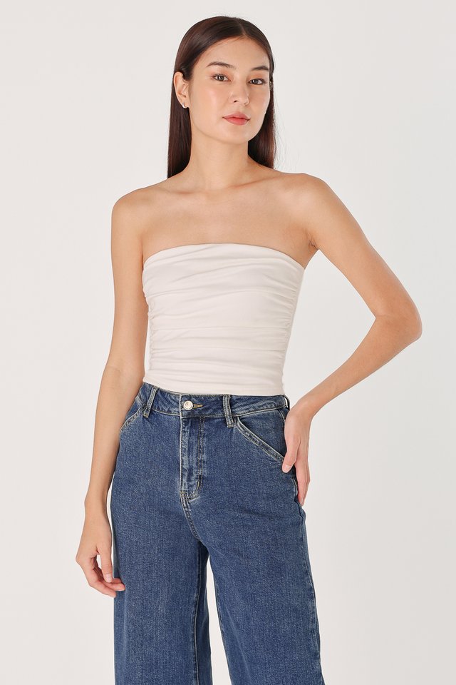 IVY PADDED SIDE RUCHED RIBBED TUBE TOP (WHITE) 