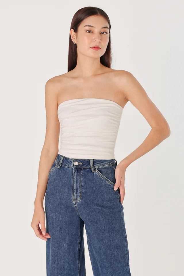 IVY PADDED SIDE RUCHED RIBBED TUBE TOP (WHITE) 