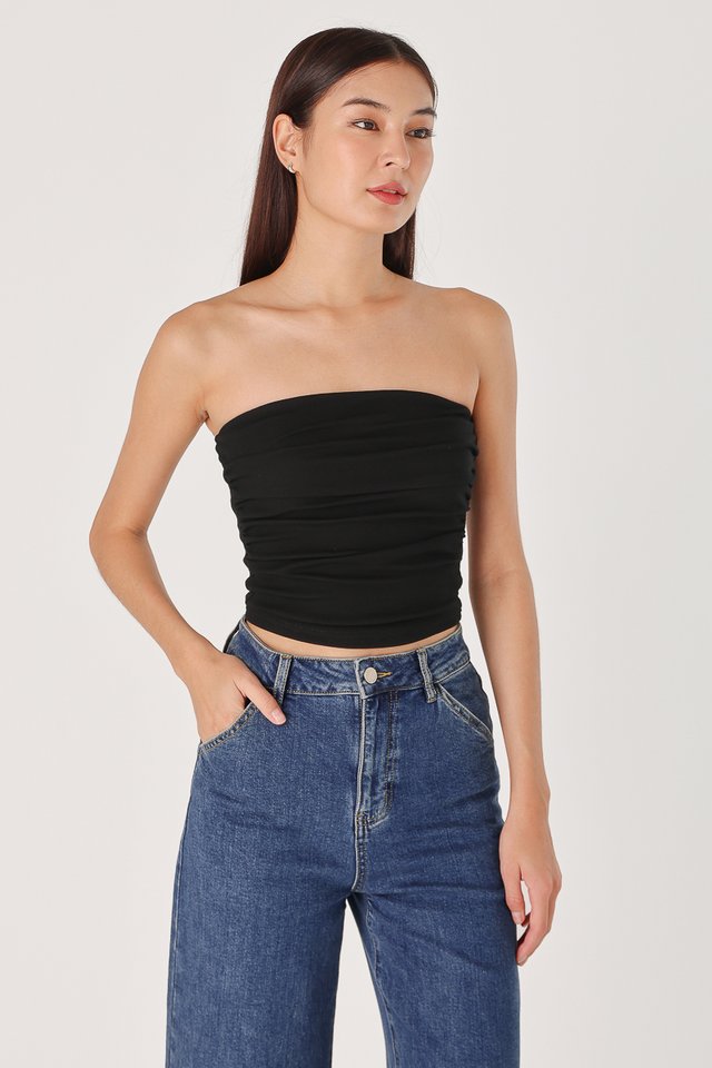 IVY PADDED SIDE RUCHED RIBBED TUBE TOP (BLACK) 