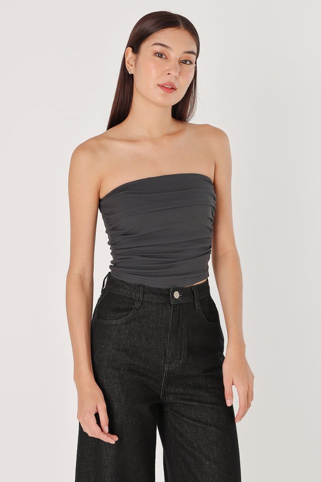 IVY PADDED SIDE RUCHED RIBBED TUBE TOP (GUNMETAL) 