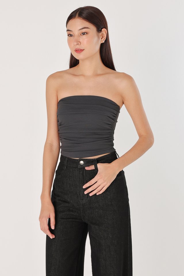 IVY PADDED SIDE RUCHED RIBBED TUBE TOP (GUNMETAL) 