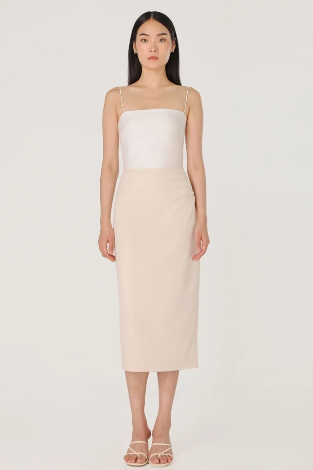 HALIA TEXTURED SIDE RUCHED TAILORED PENCIL SKIRT (IVORY CREAM)