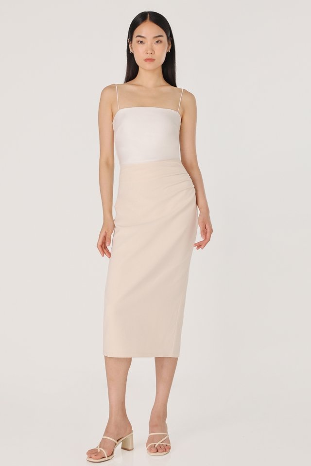 HALIA TEXTURED SIDE RUCHED TAILORED PENCIL SKIRT (IVORY CREAM) 