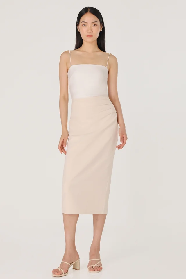 HALIA TEXTURED SIDE RUCHED TAILORED PENCIL SKIRT (IVORY CREAM)