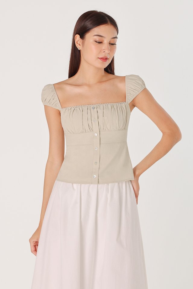 MELINDA PADDED CAP SLEEVE SHELL BUTTON TOP (BONE) 