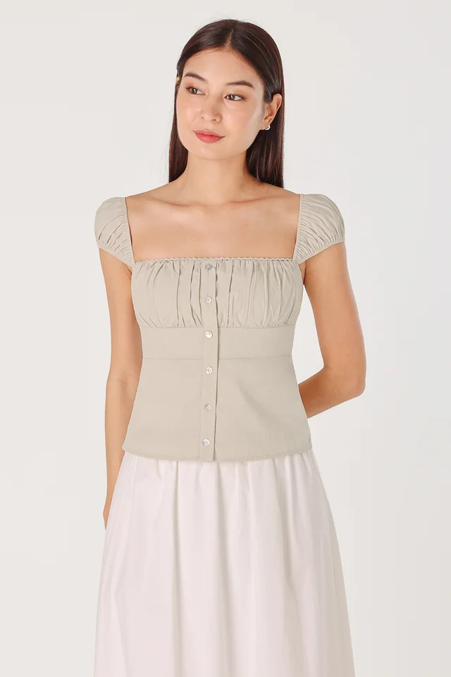 MELINDA PADDED CAP SLEEVE SHELL BUTTON TOP (BONE)