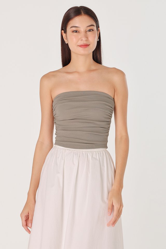 IVY PADDED SIDE RUCHED RIBBED TUBE TOP (TAUPE) 