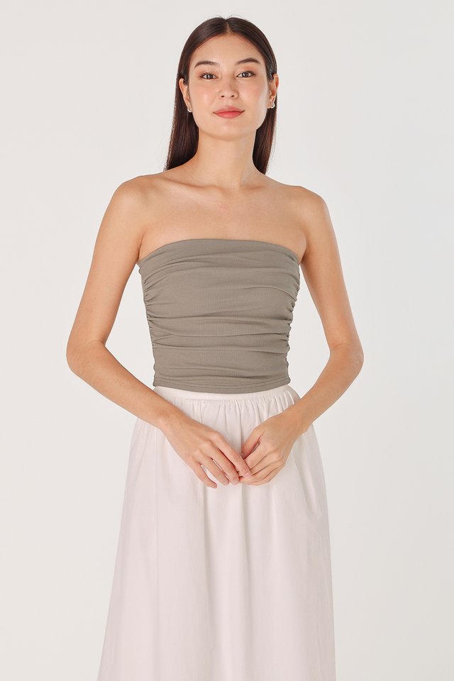 IVY PADDED SIDE RUCHED RIBBED TUBE TOP (TAUPE) 