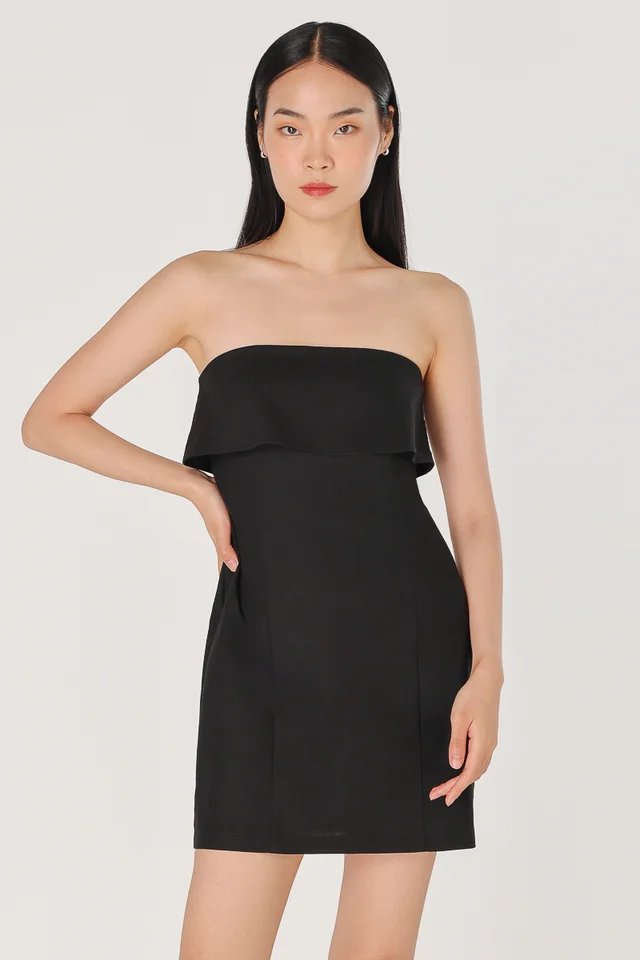 ETHEL LINEN PADDED TWO-WAY TUBE OVERLAY DRESS (BLACK) 