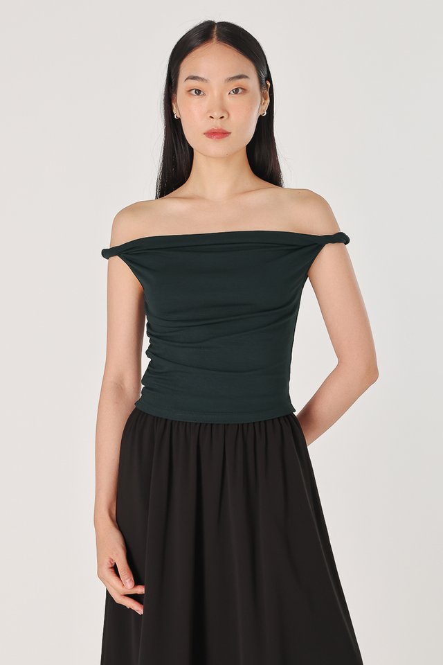 GAIA TWIST OFF-SHOULDER SIDE RUCHED TOP (DARK FOREST)