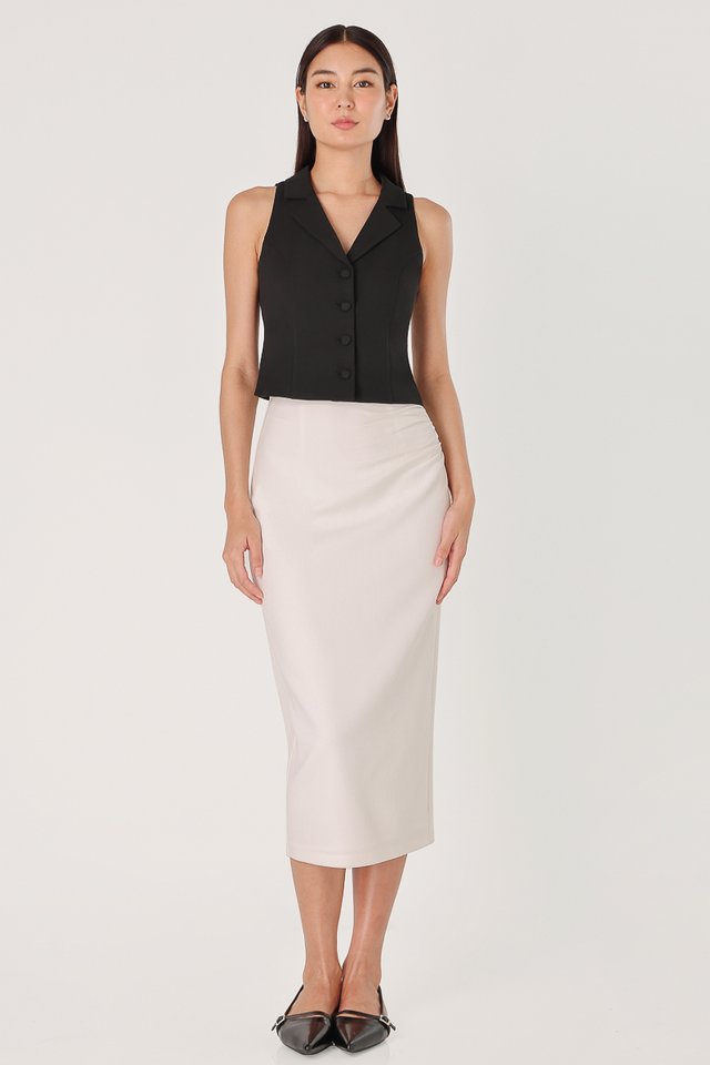 HALIA TEXTURED SIDE RUCHED TAILORED PENCIL SKIRT (WHITE) 