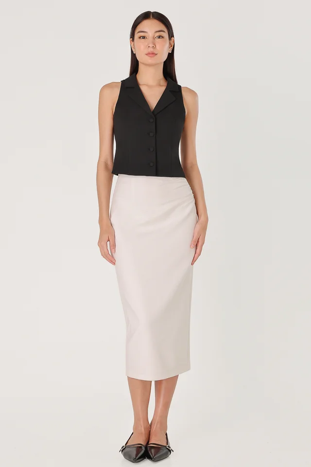HALIA TEXTURED SIDE RUCHED TAILORED PENCIL SKIRT (WHITE)