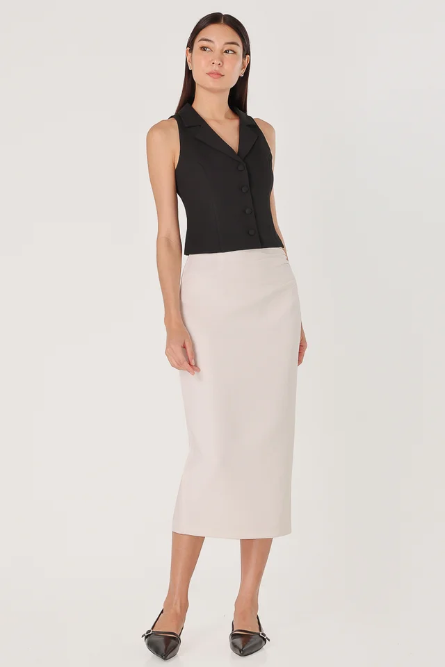 HALIA TEXTURED SIDE RUCHED TAILORED PENCIL SKIRT (WHITE)