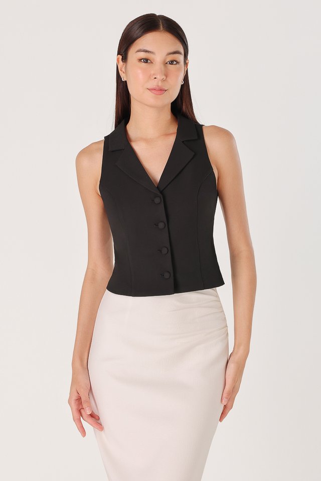 JANICA COLLARED BUTTON VEST TOP (BLACK) 