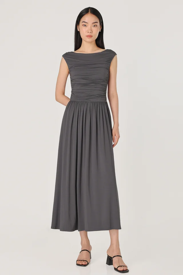 HILLARY RUCHED BOAT NECK COTTON JERSEY MIDAXI DRESS (DARK GREY)