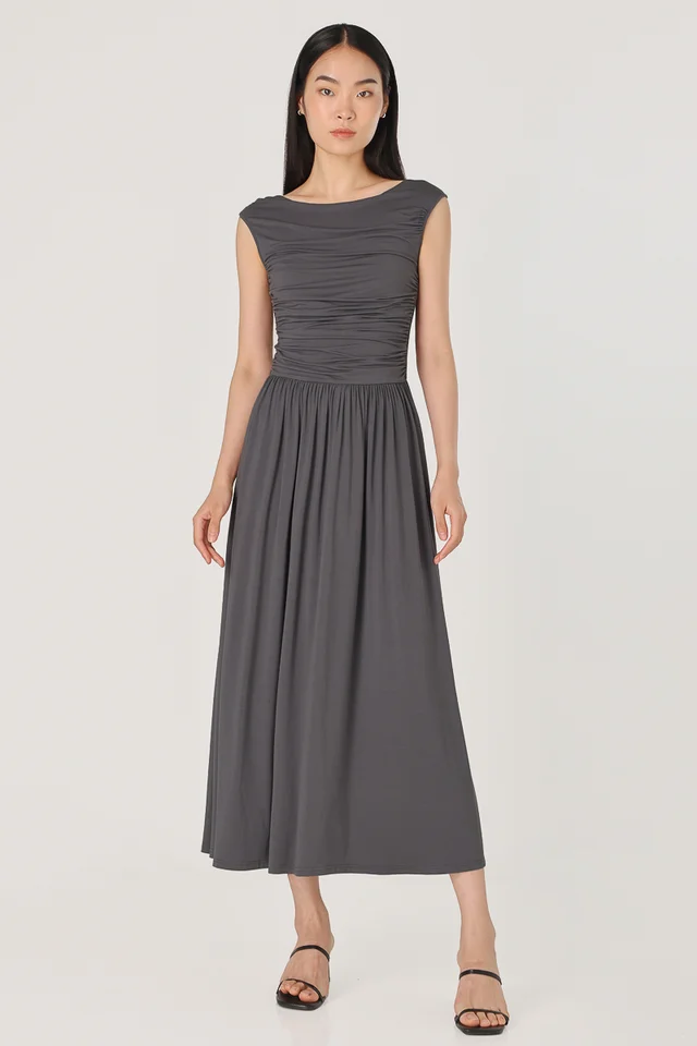HILLARY RUCHED BOAT NECK COTTON JERSEY MIDAXI DRESS (DARK GREY)