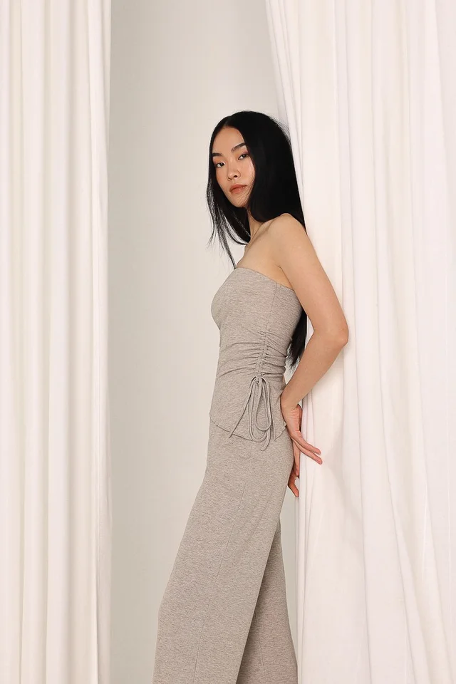 NOVELL PADDED DRAWSTRING RUCHED RIBBED TUBE TOP (HEATHER TAUPE)