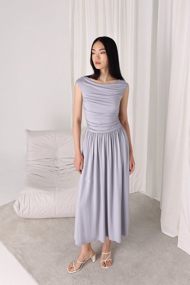 HILLARY RUCHED BOAT NECK COTTON JERSEY MIDAXI DRESS (LAVENDER HAZE)