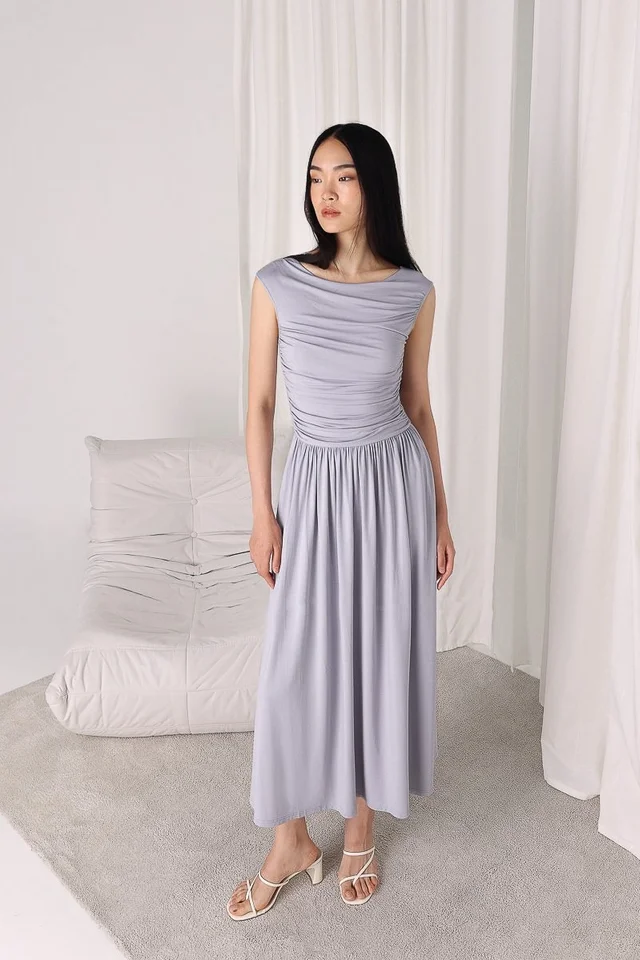 HILLARY RUCHED BOAT NECK COTTON JERSEY MIDAXI DRESS (LAVENDER HAZE)