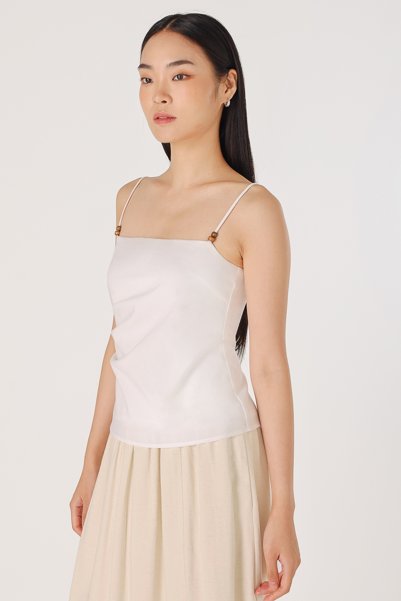 NORA PADDED BEADED STRAP RUCHED TOP (WHITE) | Lovet
