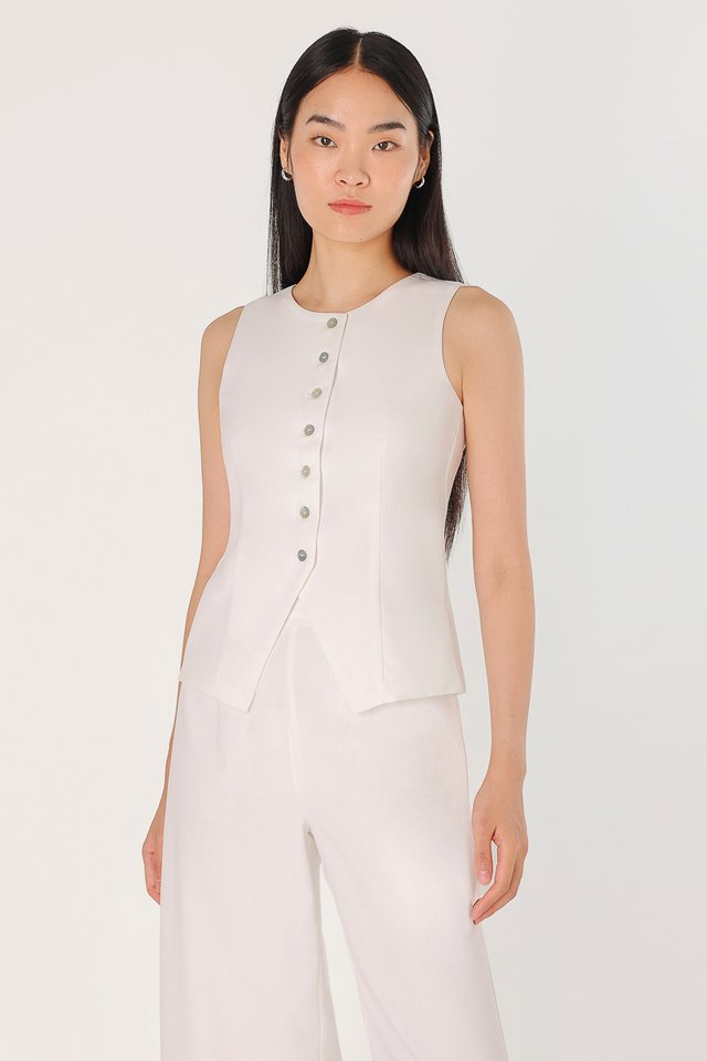 RAYE SHELL BUTTON LINEN CREW NECK VEST TOP (WHITE)