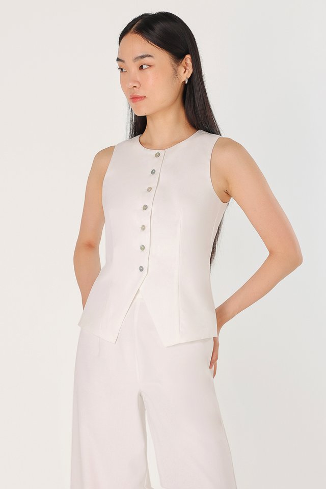 RAYE SHELL BUTTON LINEN CREW NECK VEST TOP (WHITE)