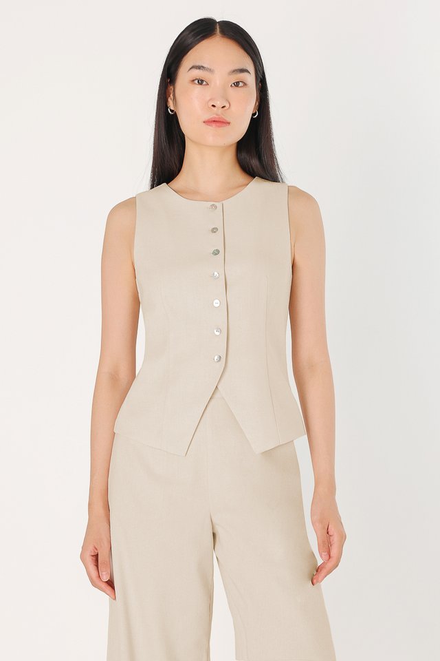 RAYE SHELL BUTTON LINEN CREW NECK VEST TOP (OAT)