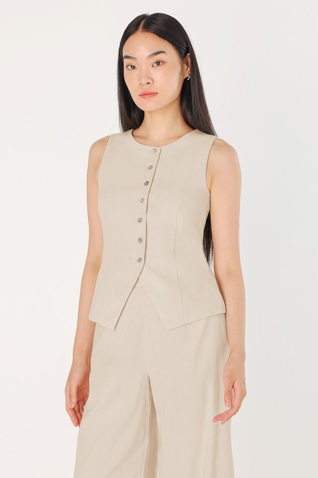 RAYE SHELL BUTTON LINEN CREW NECK VEST TOP (OAT)