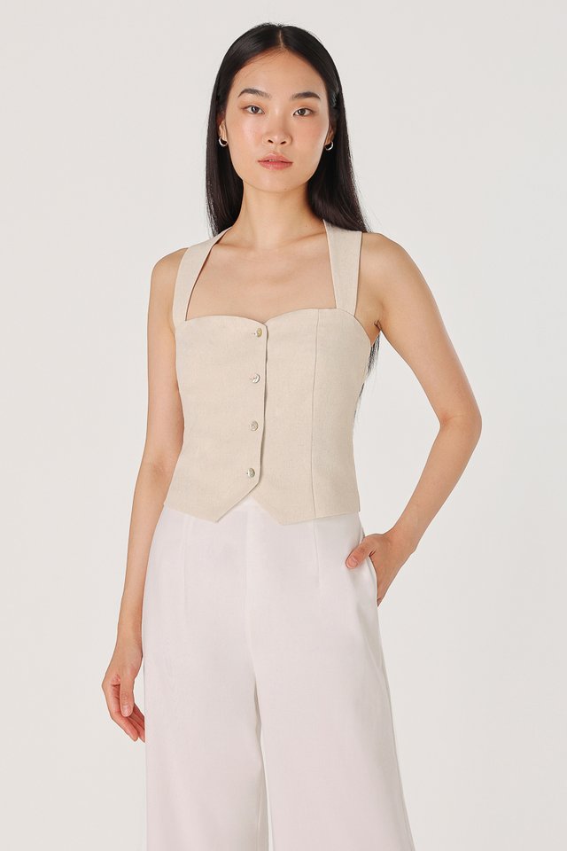 CHLOE LINEN CROSS-BACK BUTTON TOP (NATURAL OAT)