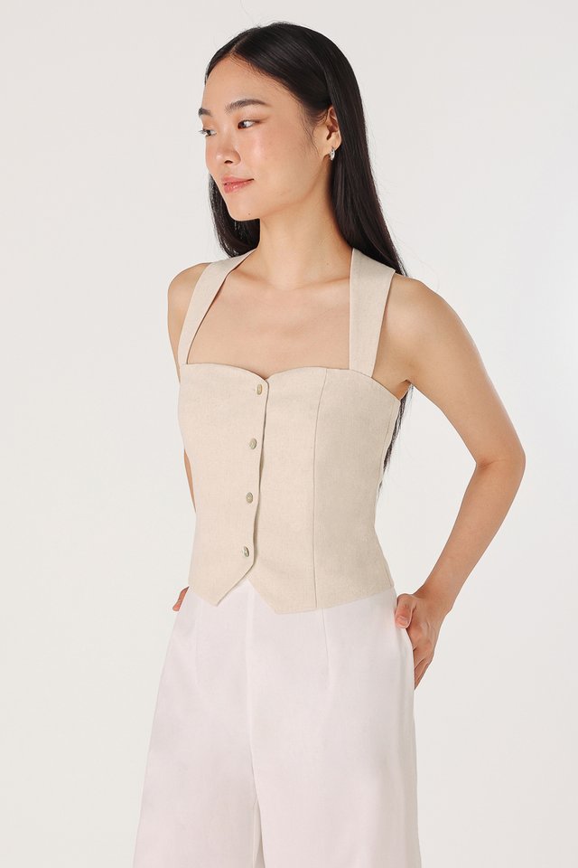 CHLOE LINEN CROSS-BACK BUTTON TOP (NATURAL OAT)