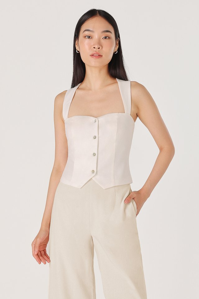 CHLOE LINEN CROSS-BACK BUTTON TOP (WHITE)