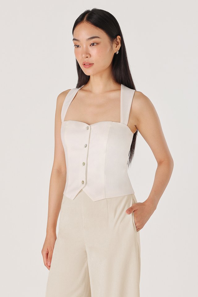 CHLOE LINEN CROSS-BACK BUTTON TOP (WHITE)