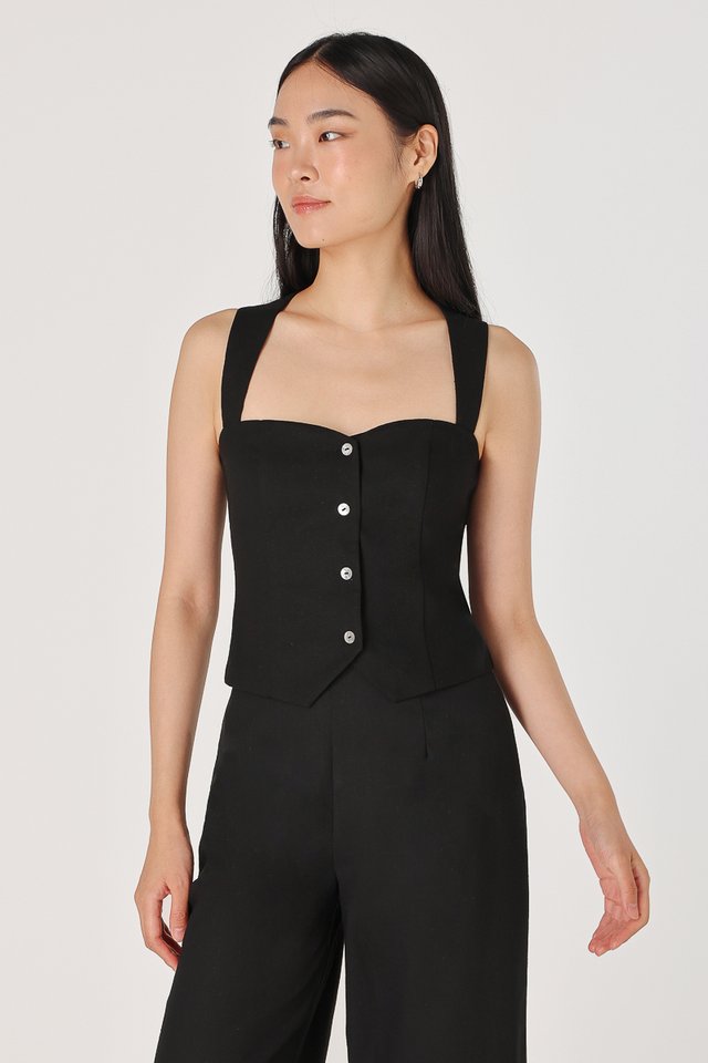 CHLOE LINEN CROSS-BACK BUTTON TOP (BLACK)