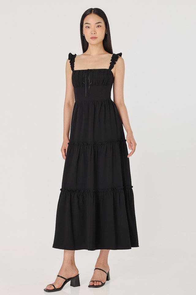 ENVIE PADDED RUFFLE RUCHED EYELET INSERT TIERED MAXI DRESS (BLACK)