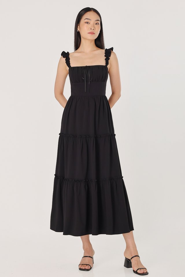 ENVIE PADDED RUFFLE RUCHED EYELET INSERT TIERED MAXI DRESS (BLACK)