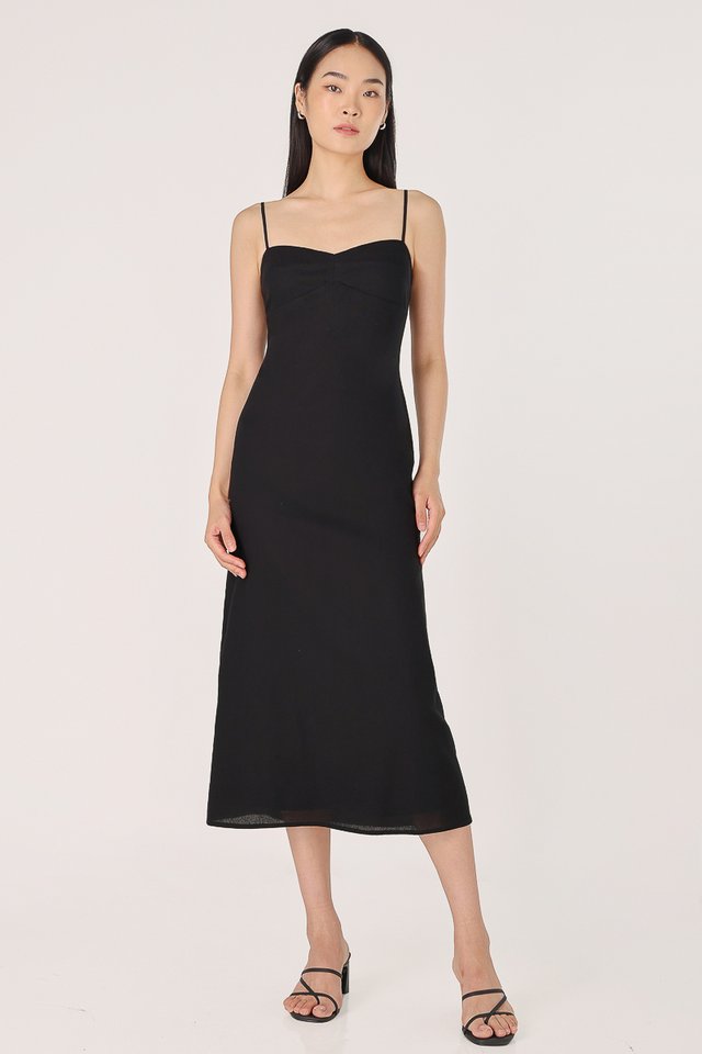 JANESSA PADDED LINEN SWEETHEART BUSTLINE MIDAXI DRESS (BLACK)