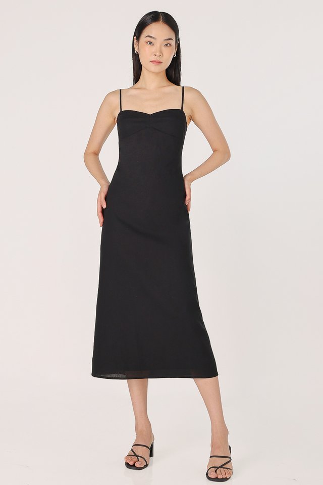 JANESSA PADDED LINEN SWEETHEART BUSTLINE MIDAXI DRESS (BLACK)