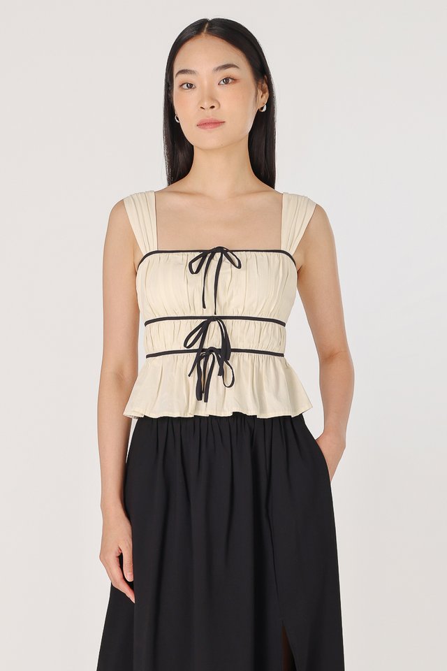 ADRIANA PADDED CONTRAST RIBBON RUCHED TOP (CREAM)