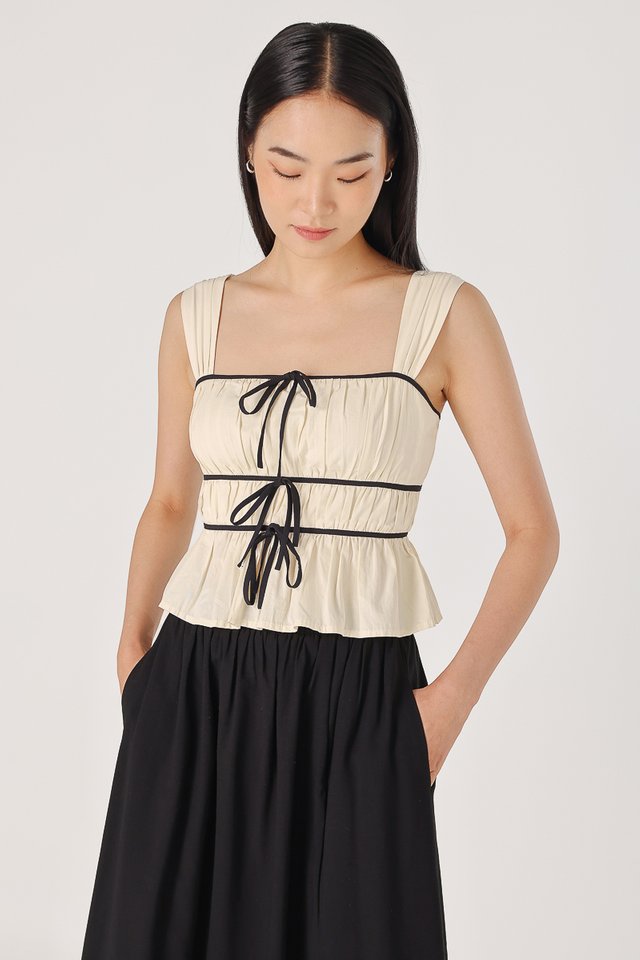 ADRIANA PADDED CONTRAST RIBBON RUCHED TOP (CREAM)