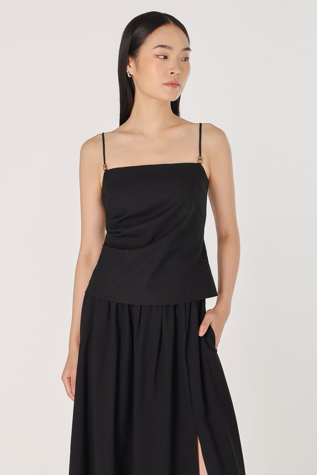 NORA PADDED BEADED STRAP RUCHED TOP (BLACK)