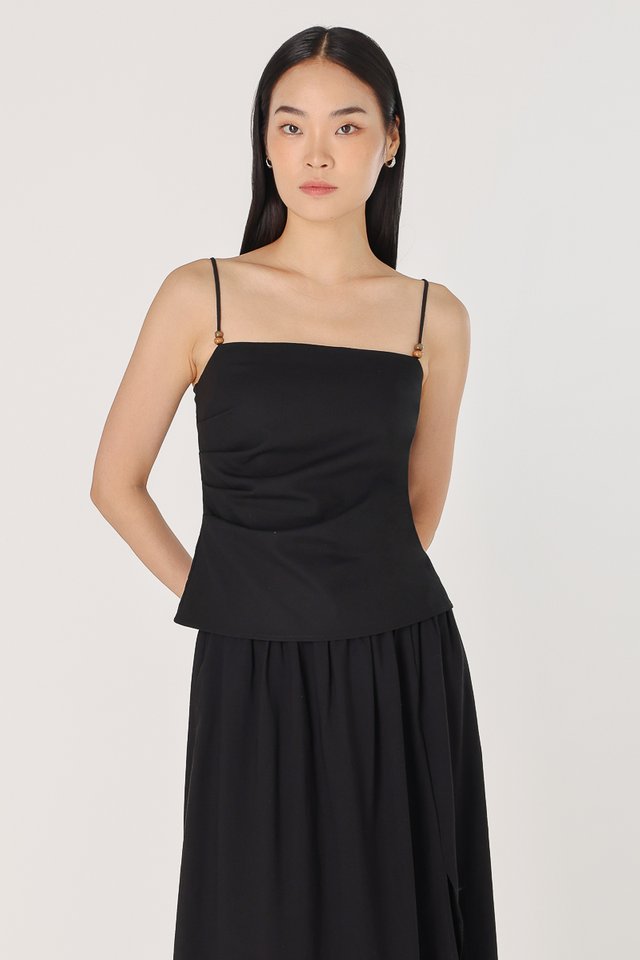 NORA PADDED BEADED STRAP RUCHED TOP (BLACK)