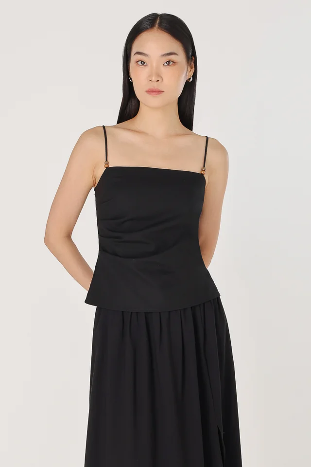 NORA PADDED BEADED STRAP RUCHED TOP (BLACK)