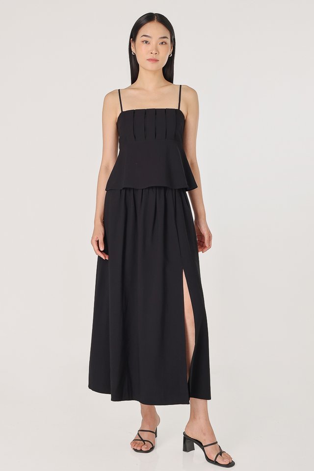 CASSIA LINEN FRONT SLIT FLARE MAXI SKIRT - PETITE (BLACK)