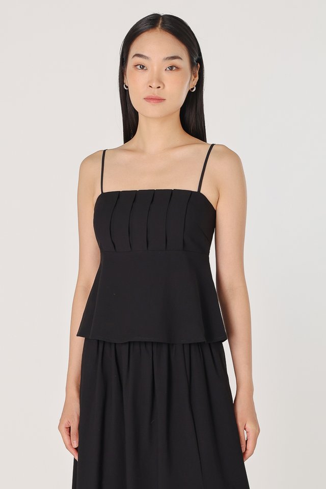 CASSIA PADDED LINEN PLEATED BABYDOLL TOP (BLACK)