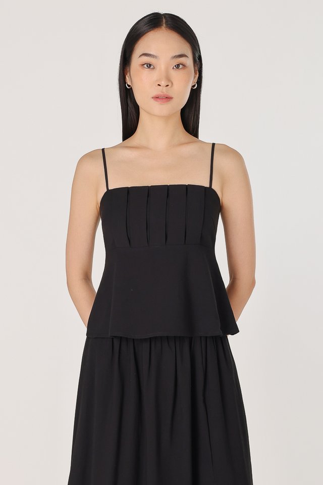 CASSIA PADDED LINEN PLEATED BABYDOLL TOP (BLACK)