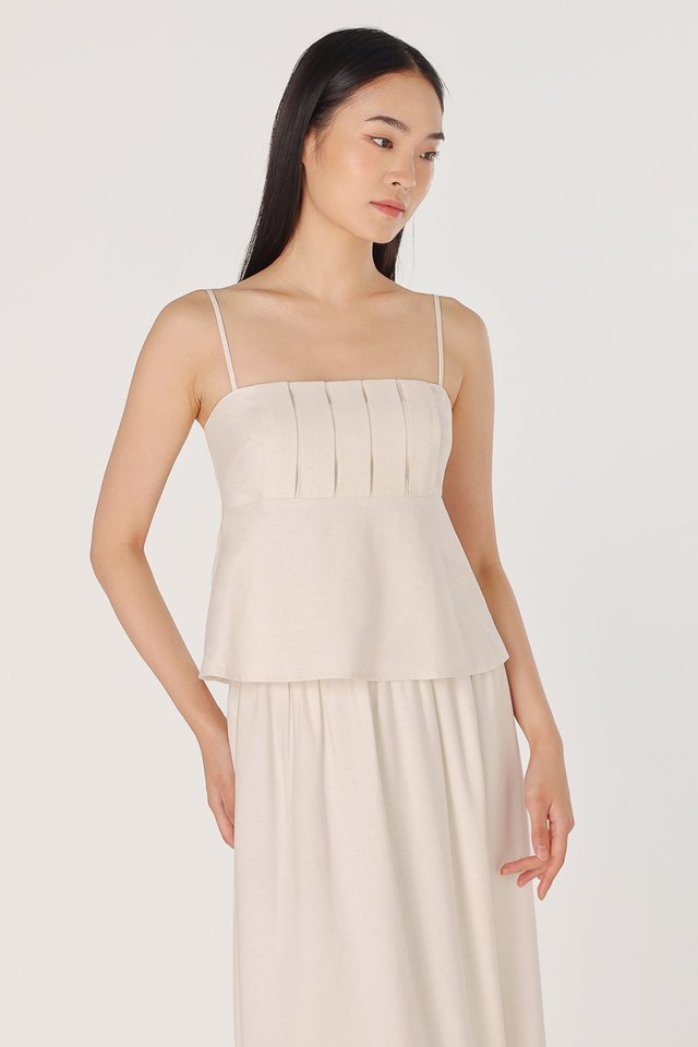 CASSIA PADDED LINEN PLEATED BABYDOLL TOP (LINEN WHITE)