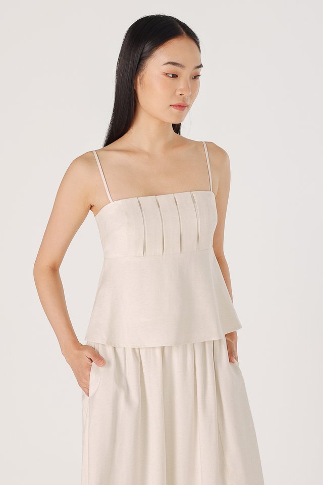 CASSIA PADDED LINEN PLEATED BABYDOLL TOP (LINEN WHITE)